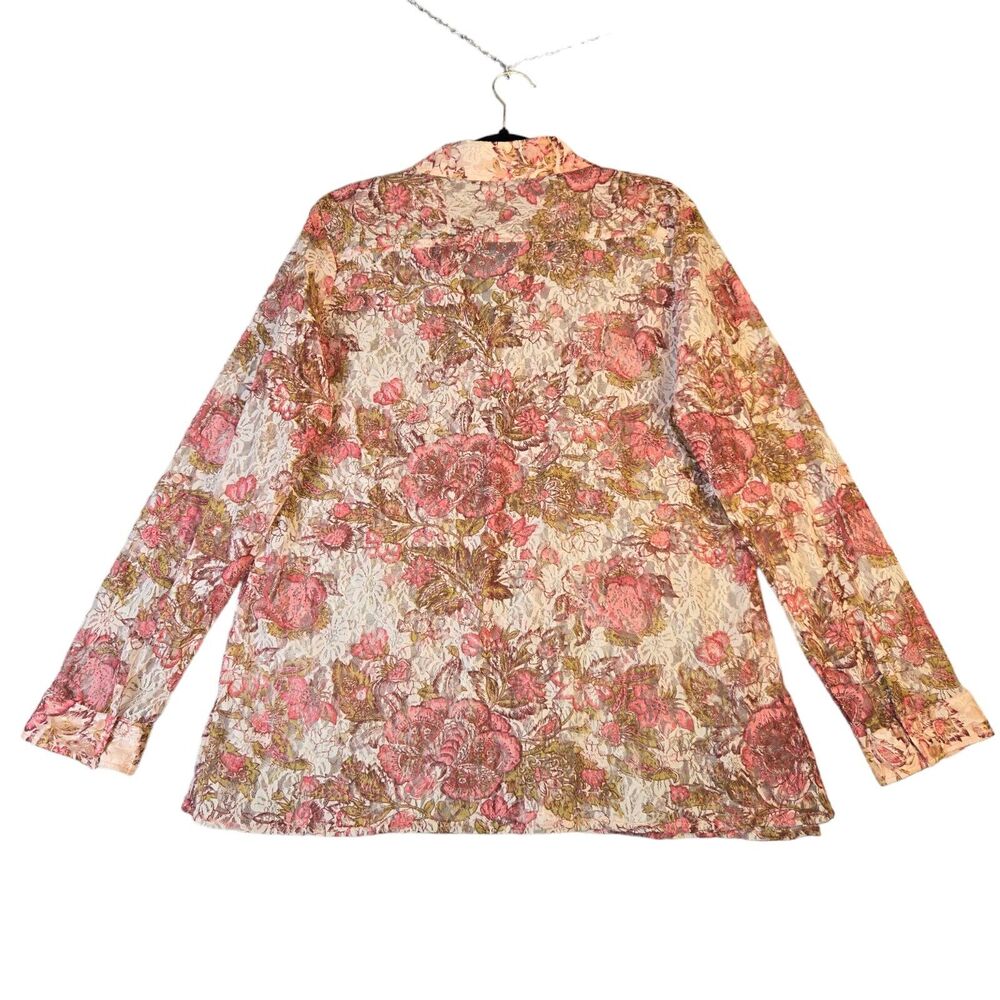 Art And Soul Women's Large Shirt Button Down Floral Lace Sheer Pink Roll Tab
